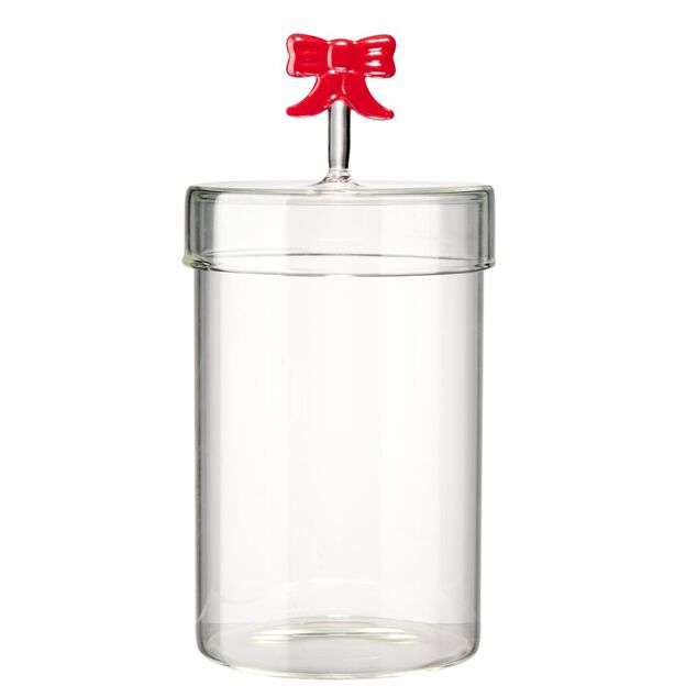 Bocal alimentaire avec couvercle verre transparent L10X10XH16 cm (3 mod&egrave;les noeud/pain d'&eacute;pice/sapin)