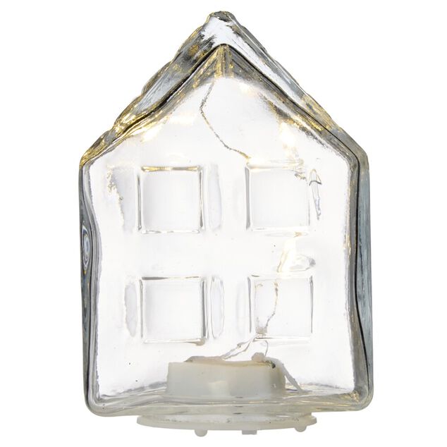 Maison d&eacute;co &agrave; poser &agrave; LED en verre 6,5x6,5xH9cm (4 mod&egrave;les)