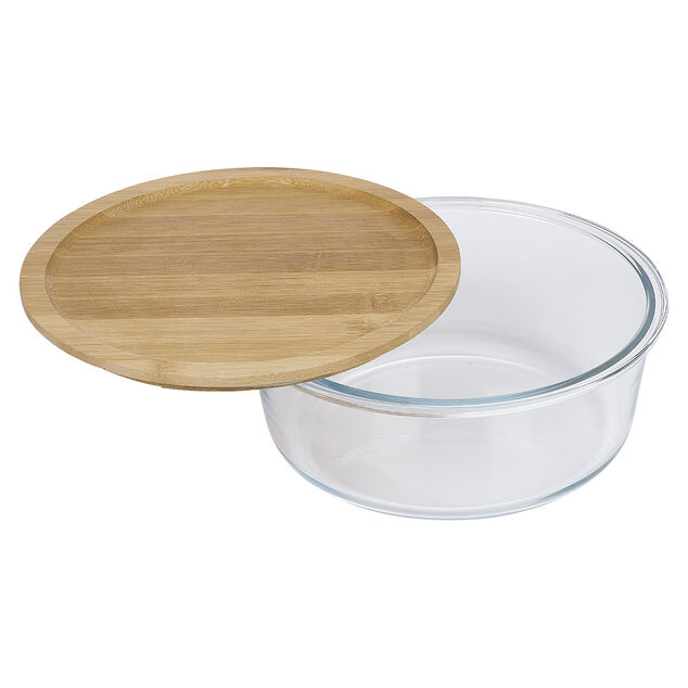 Bo&icirc;te de conservation ronde en verre avec couvercle en bambou 1,2L