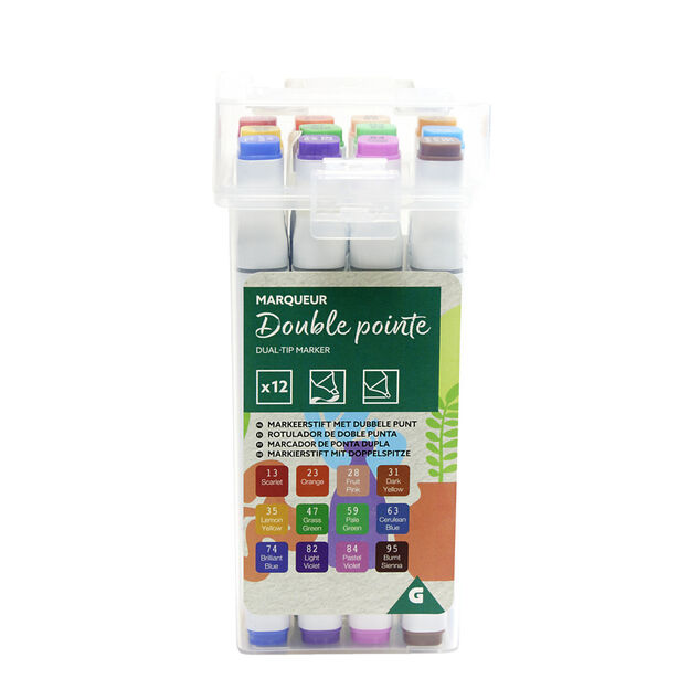 Lot de 12 marqueurs double pointe dans boite H16,3cm