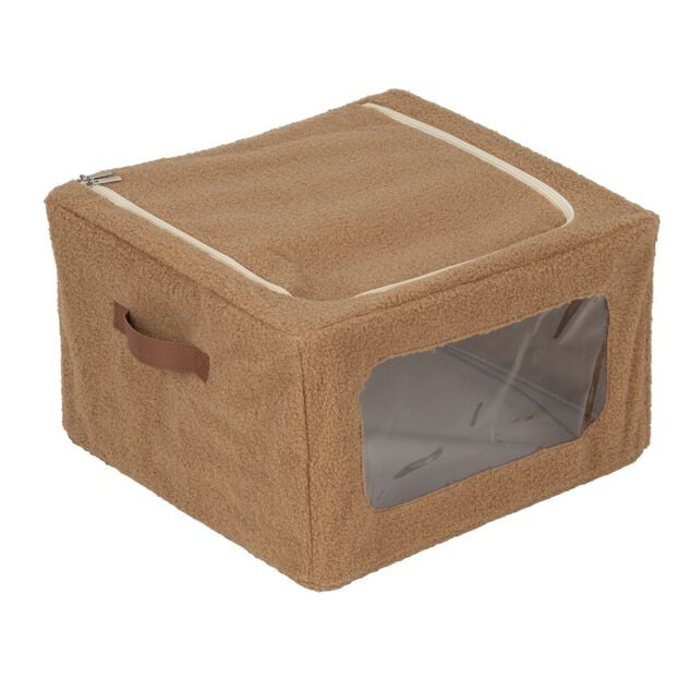 Pani&egrave;re de rangement carr&eacute;e laine boucl&eacute;e marron 40x40xH25cm