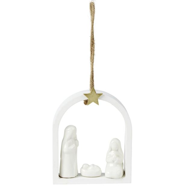 Sc&egrave;ne nativit&eacute; suspension cr&egrave;che de No&euml;l polyr&eacute;sine blanche H14cm