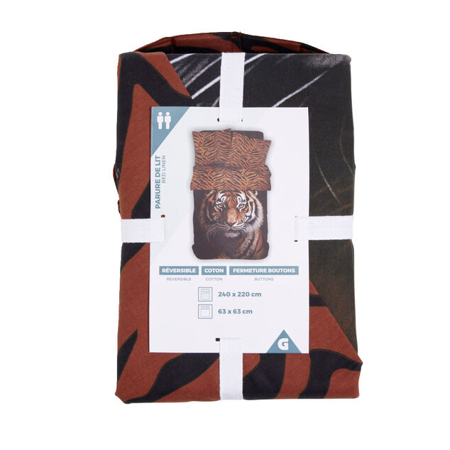 Parure de lit 2 personnes 240x220cm coton motif tigre noir et marron
