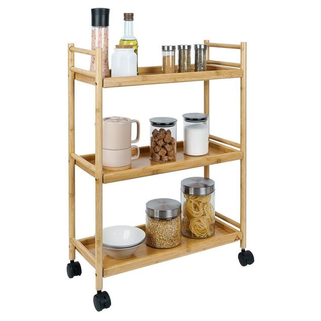 Desserte 3 niveaux &agrave; roulettes bambou et MDF 51,5x22,5xH71cm