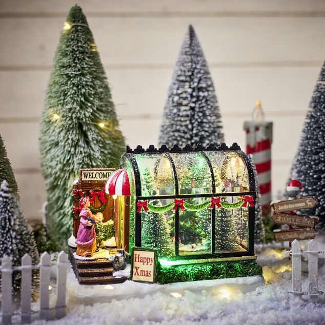 D&eacute;coration &agrave; poser serre lumineuse LED sapins de No&euml;l 16X10X11,5cm