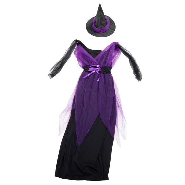 D&eacute;guisement Halloween femme robe sorci&egrave;re avec chapeau noir et violet taille S