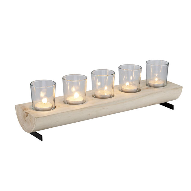 Centre de table en bois avec 5 bougeoirs en verre