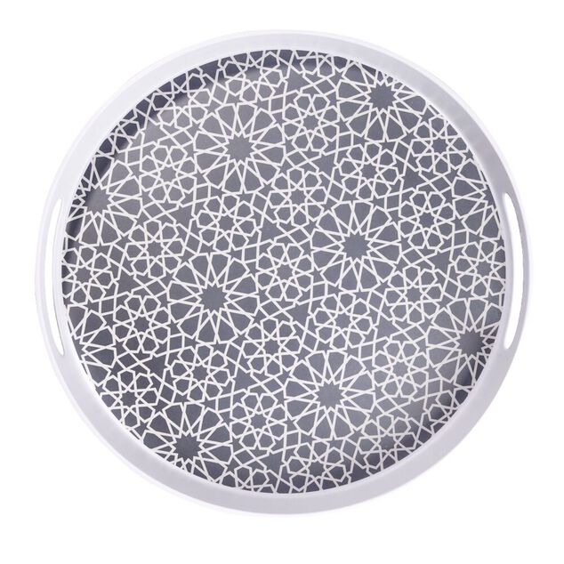 Plateau rond m&eacute;lamin&eacute; motif g&eacute;om&eacute;trique blanc et bleu &Oslash;34,5xH5cm