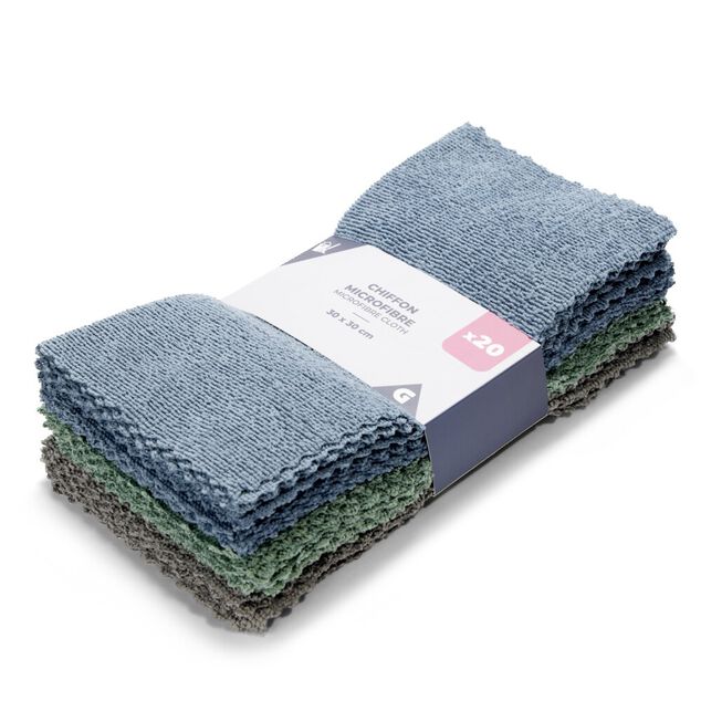 Lot de 20 chiffons microfibre 30x30cm polyester bleu
