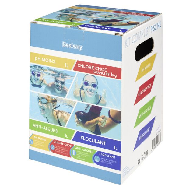 Traitement piscine Chlore choc granul&eacute;s 1kg floculant 1L anti algues 1L pH moins 1L