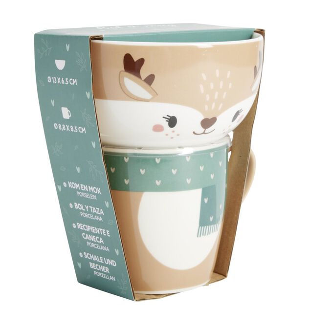 Bol 500ml avec mug 300ml renne mignon porcelaine blanc et marron