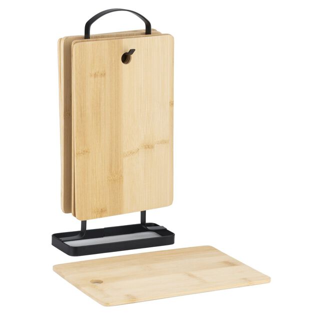 Planche &agrave; d&eacute;couper bambou x6 avec support m&eacute;tal noir 15x26cm