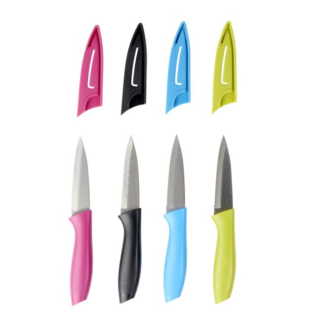 Couteau de cuisine x4 lame inox manche plastique color&eacute; et &eacute;tuis L19,5cm