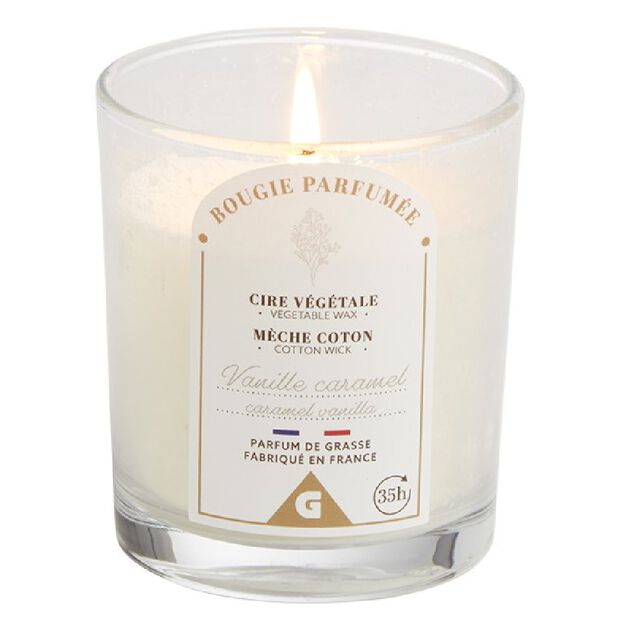 Bougie blanc ivoire dans verre senteur vanille Ø7xH8cm