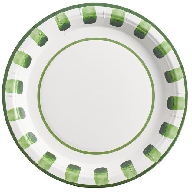 Assiette &agrave; dessert carton x8 blanc contour motif vert  &Oslash;18cm