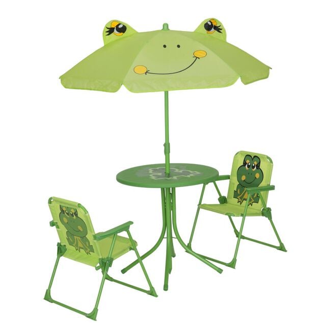 Salon de jardin enfant grenouille chaises table et parasol vert