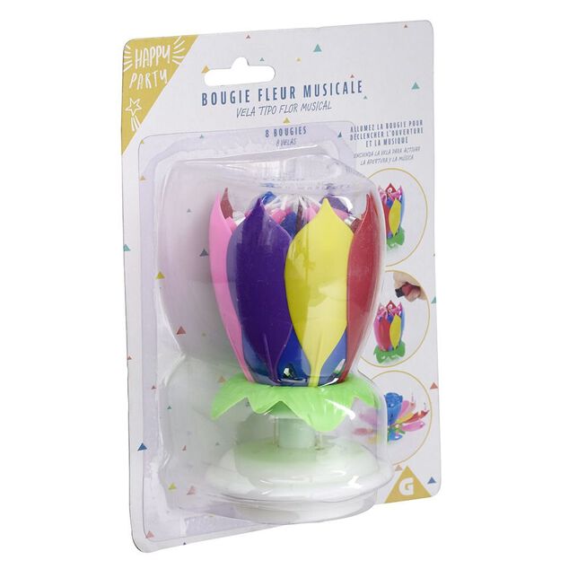 Bougie anniversaire musicale forme fleur 8 m&egrave;ches