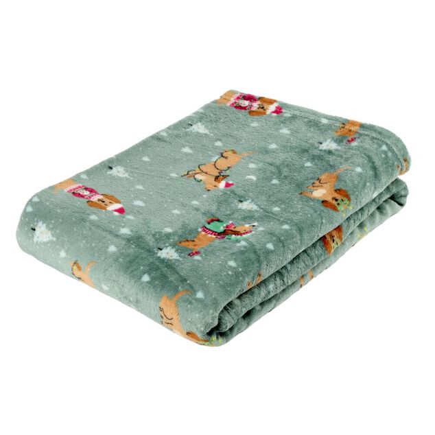 Plaid No&euml;l imprim&eacute; teckel polyester L160X130 cm vert