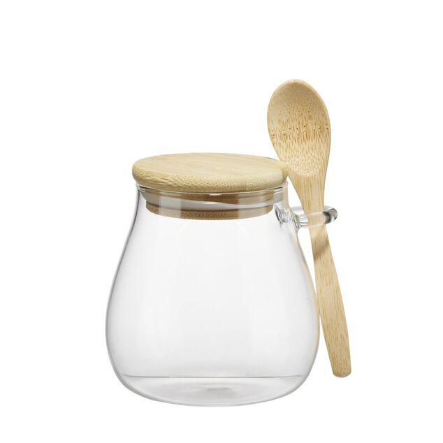Pot de conservation en verre rond avec couvercle et cuillère bois Ø8xH12cm