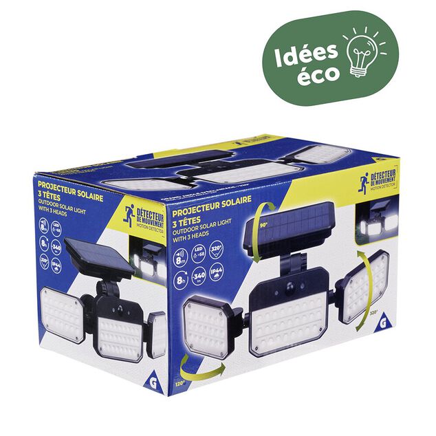 Lampe solaire triple LED 340 lumens projecteur d&eacute;tecteur de mouvement
