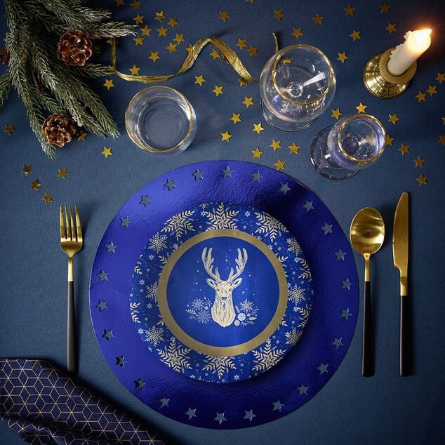 Lot de 10 assiettes jetables en carton bleu motif cerf dor&eacute;