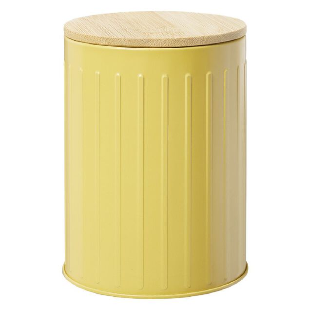 Bo&icirc;te ronde m&eacute;tal emboss&eacute;e avec couvercle bambou &Oslash;10xH13,5cm
