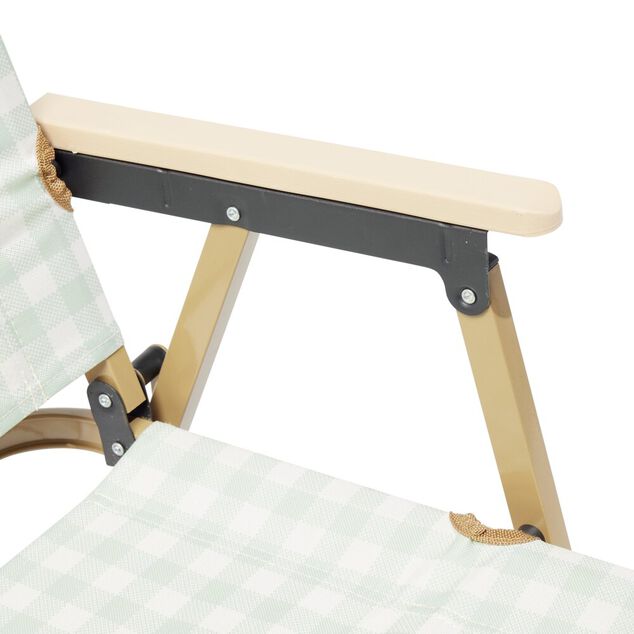 Chaise de camping pliable bambou et toile quadrill&eacute;e vert et blanc 54x38xH62cm