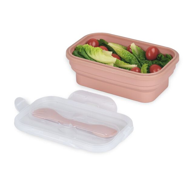 Lunch box r&eacute;tractable 1L avec couverts silicone et plastique rose 12,5x21xH7,5cm