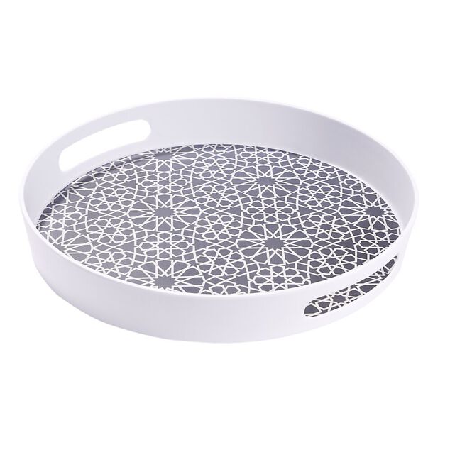 Plateau rond m&eacute;lamin&eacute; motif g&eacute;om&eacute;trique blanc et bleu &Oslash;34,5xH5cm