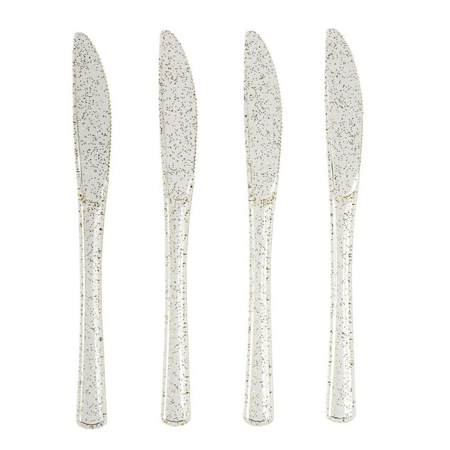 Couteau plastique r&eacute;utilisable x4 paillet&eacute; dor&eacute; L17cm