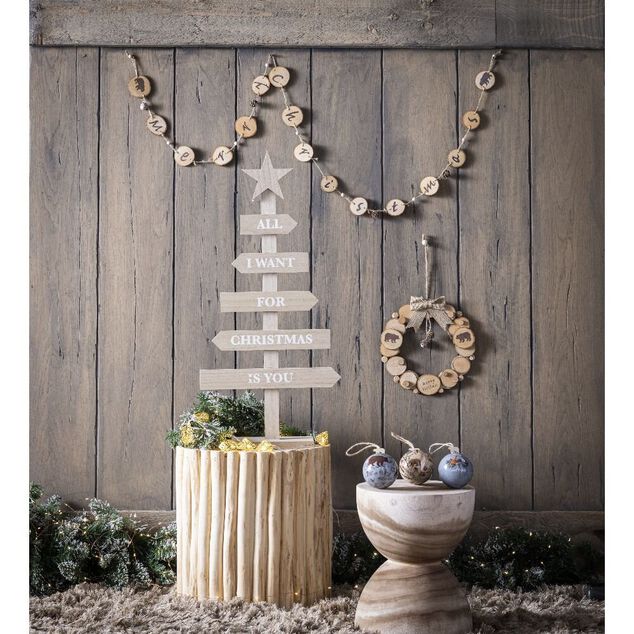 Guirlande Merry Christmas rondin de bois et jute 1,8m