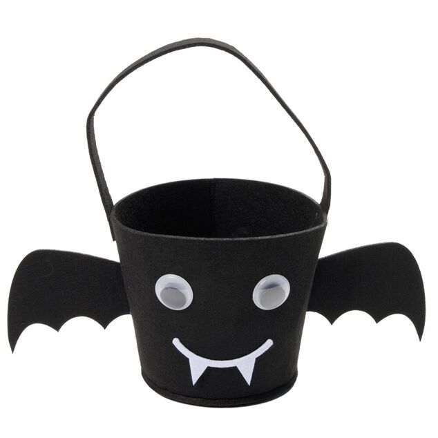 Seau &agrave; bonbons Halloween chauve-souris avec yeux mobiles feutrine noir 16x14xH13 cm