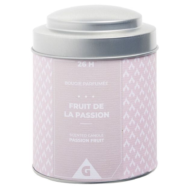 Bougie parfum&eacute;e pot m&eacute;tal gris et rose senteur fruit de la passion 26H