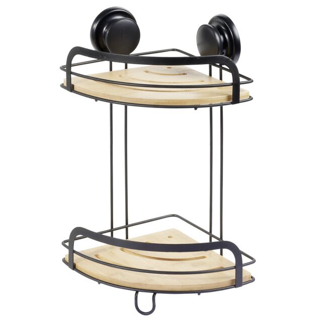 Serviteur de douche d'angle 2 niveaux bambou et m&eacute;tal noir