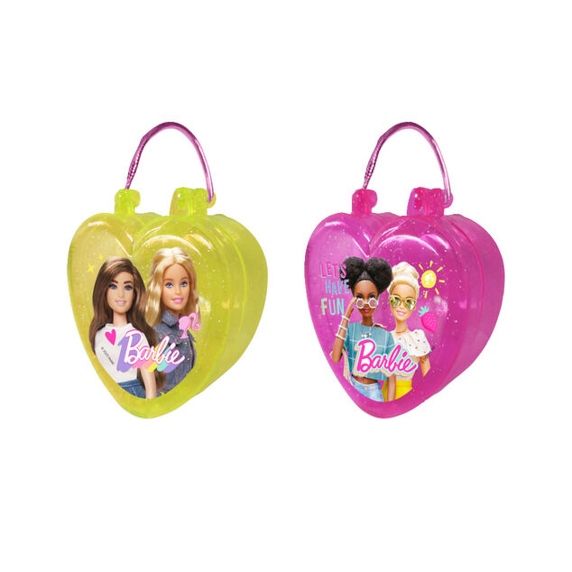 Bonbons et autocollants Barbie dans bo&icirc;te forme coeur 10g