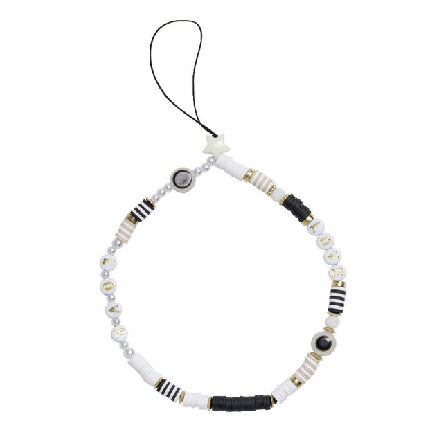 Bijou de t&eacute;l&eacute;phone perles dor&eacute; blanc noir L17cm