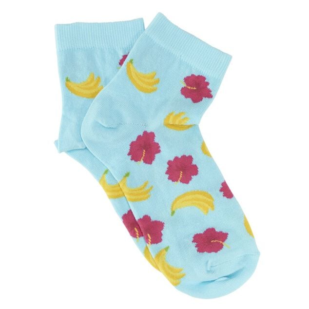 Paire de chaussettes tige courte bleu motifs banane et fleur 36/40 ou 41/45