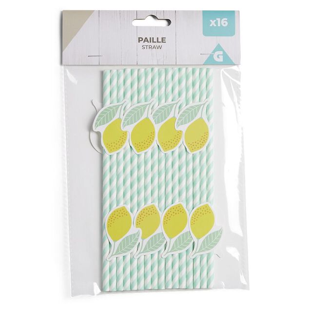 Lot de 16 pailles d&eacute;cor&eacute;es papier L25cm