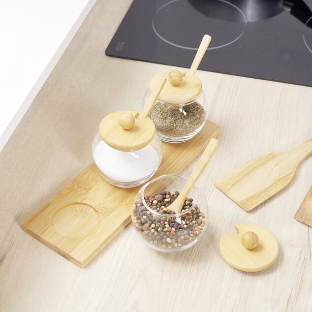 Support en bambou avec 3 bocaux 250ml et 3 cuillères 29x10xH8cm
