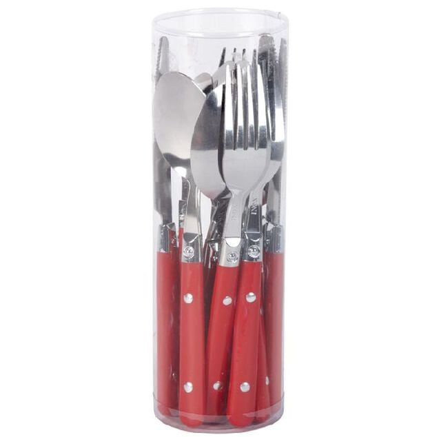 M&eacute;nag&egrave;re 16 pi&egrave;ces inox manche plastique rouge