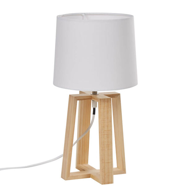 Lampe tr&eacute;pied &agrave; poser socle bois blanc et naturel