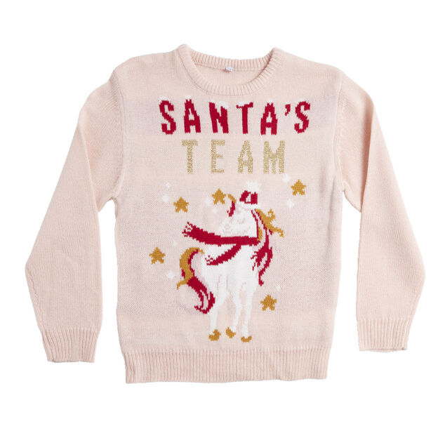 Pull de No&euml;l enfant Santa's Team licorne rose
