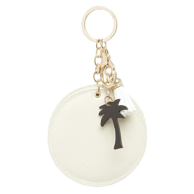 Porte-cl&eacute; miroir d&eacute;cor palmier avec pompon rose ou beige