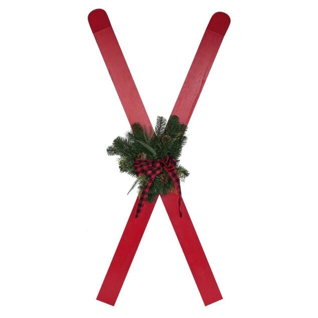 D&eacute;coration &agrave; poser ski bois rouge x2