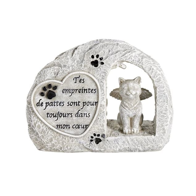 Plaque funéraire solaire LED avec chat polyrésine gris 15x5xH11,5cm