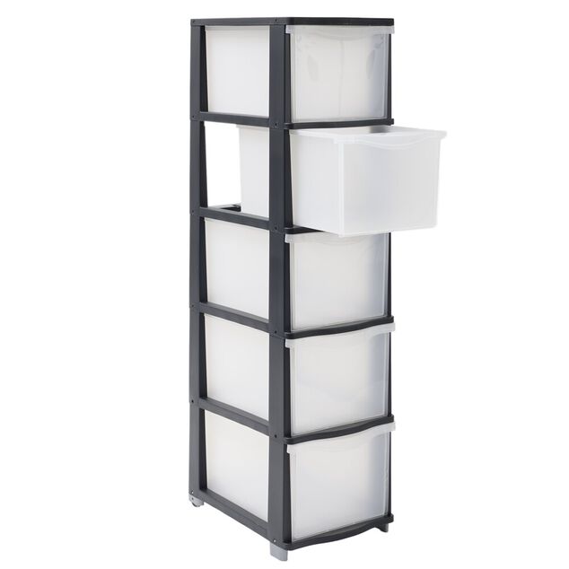 Tour de rangement &agrave; tiroirs x5 plastique noir et transparent 27x37xH102,5cm