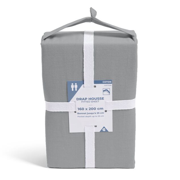 Drap housse 160x200cm 100% coton gris clair