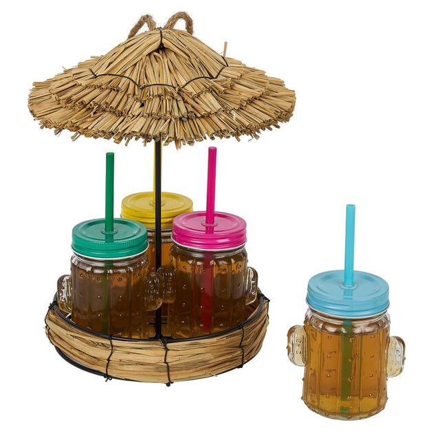 Lot de 4 gobelets &agrave; paille 260ml forme cactus dans d&eacute;cor estival