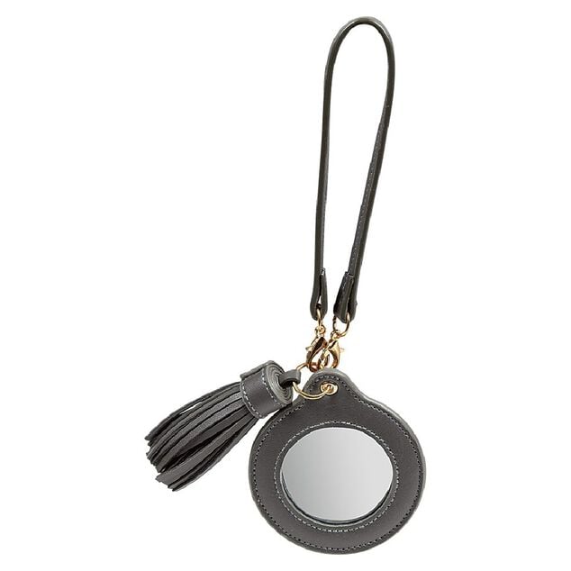 Porte-cl&eacute; miroir avec pompon gris ou beige