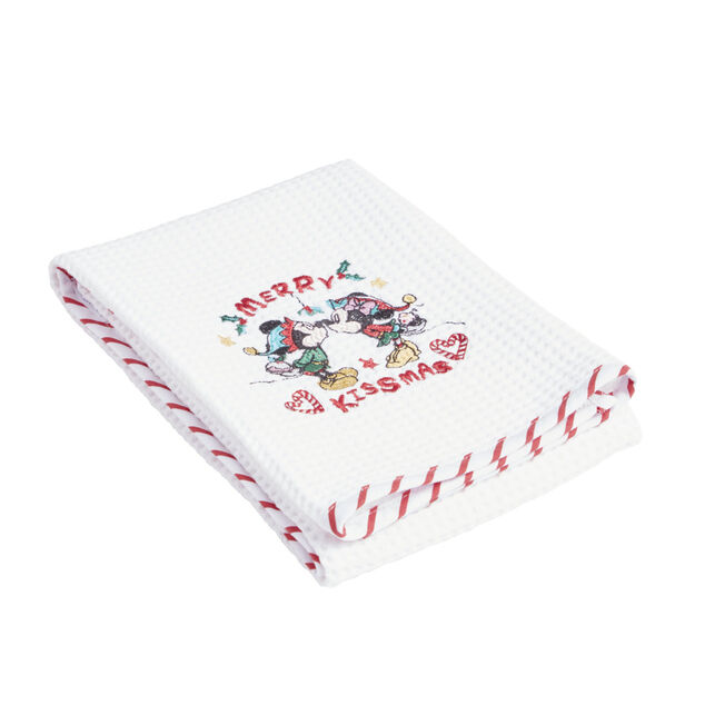 Torchon No&euml;l Disney Mickey Minnie nid d'abeille 50x70cm